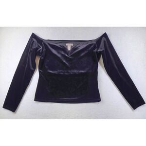HM Women Black Velvet Off The Shoulder Notched V-Neck Long Sleeve Top Size L